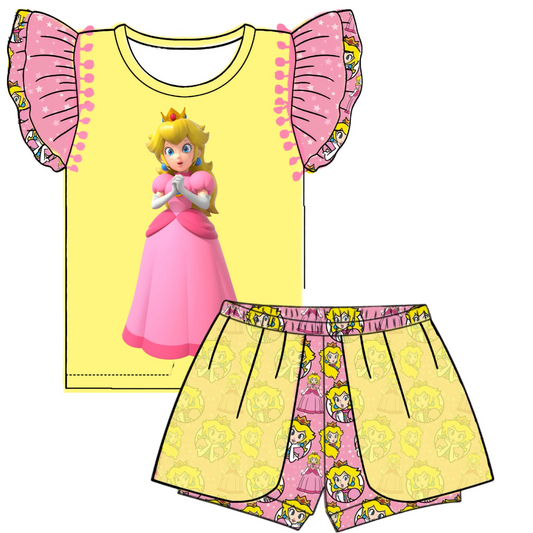 custom style cartoon cute princess pink flutter sleeve shorts girls set tat 6-8 weeks