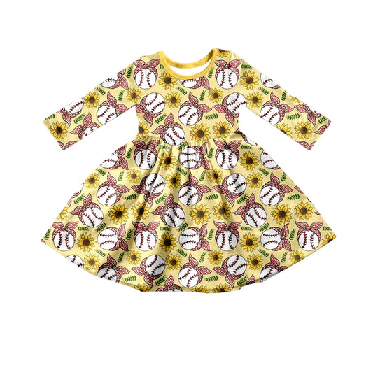 preorder GLD0316 Baseball sunflowers long sleeve girls dress