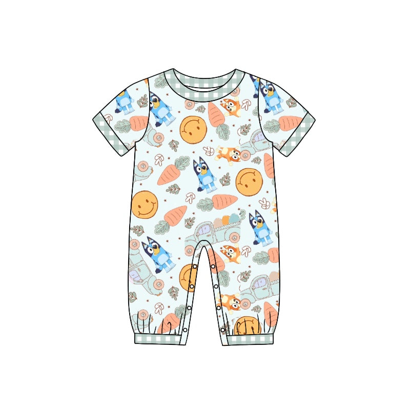 preorder SR0882 Easter Cartoon Blue Dog Carrot Flowers Short Sleeve Boys Romper