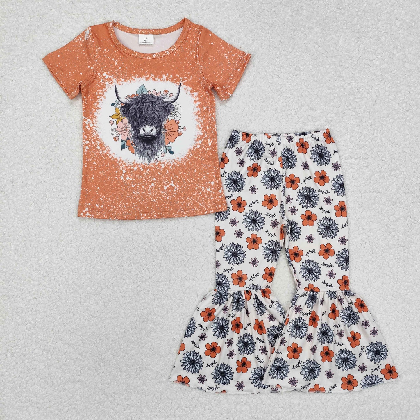 GSPO1525 highland cow orange short sleeve flowers pants girls set