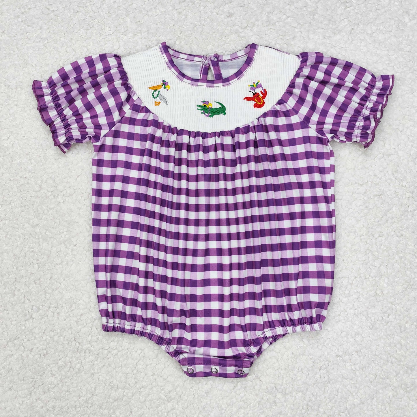 SR2060 smocked Mardi Gras crocodile crayfish purple checekred short sleeve girls romper