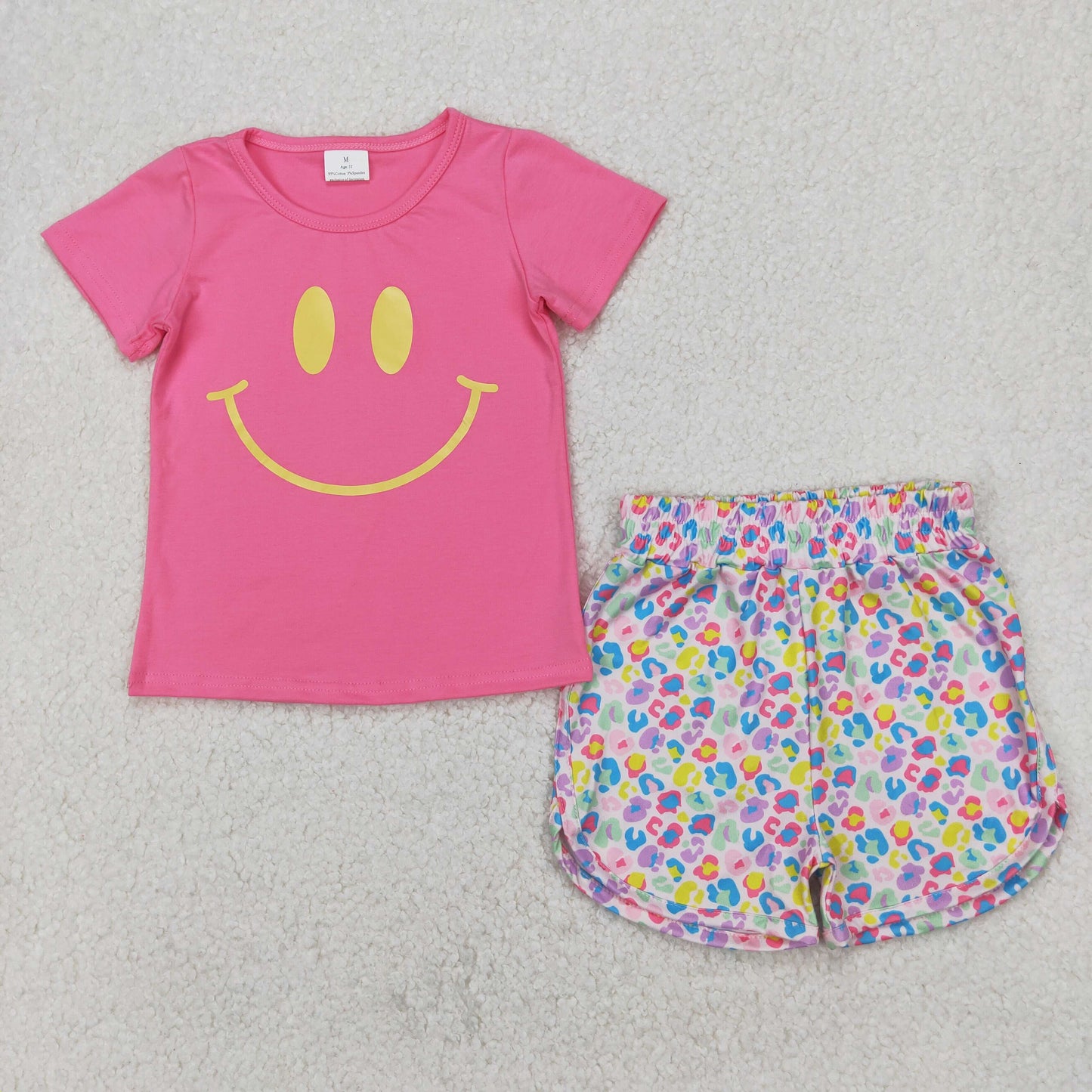 GSSO2387 smile hot pink short sleeve colorful leopard shorts girls set