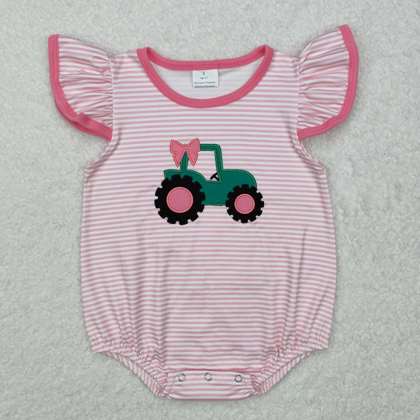 embroidery SR2432 Farm Tractor Hot Pink Striped Flutter Sleeve Girls Romper