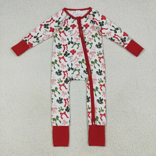 Custom moq 20 bamboo Christmas green bows zipper long sleeve girls romper