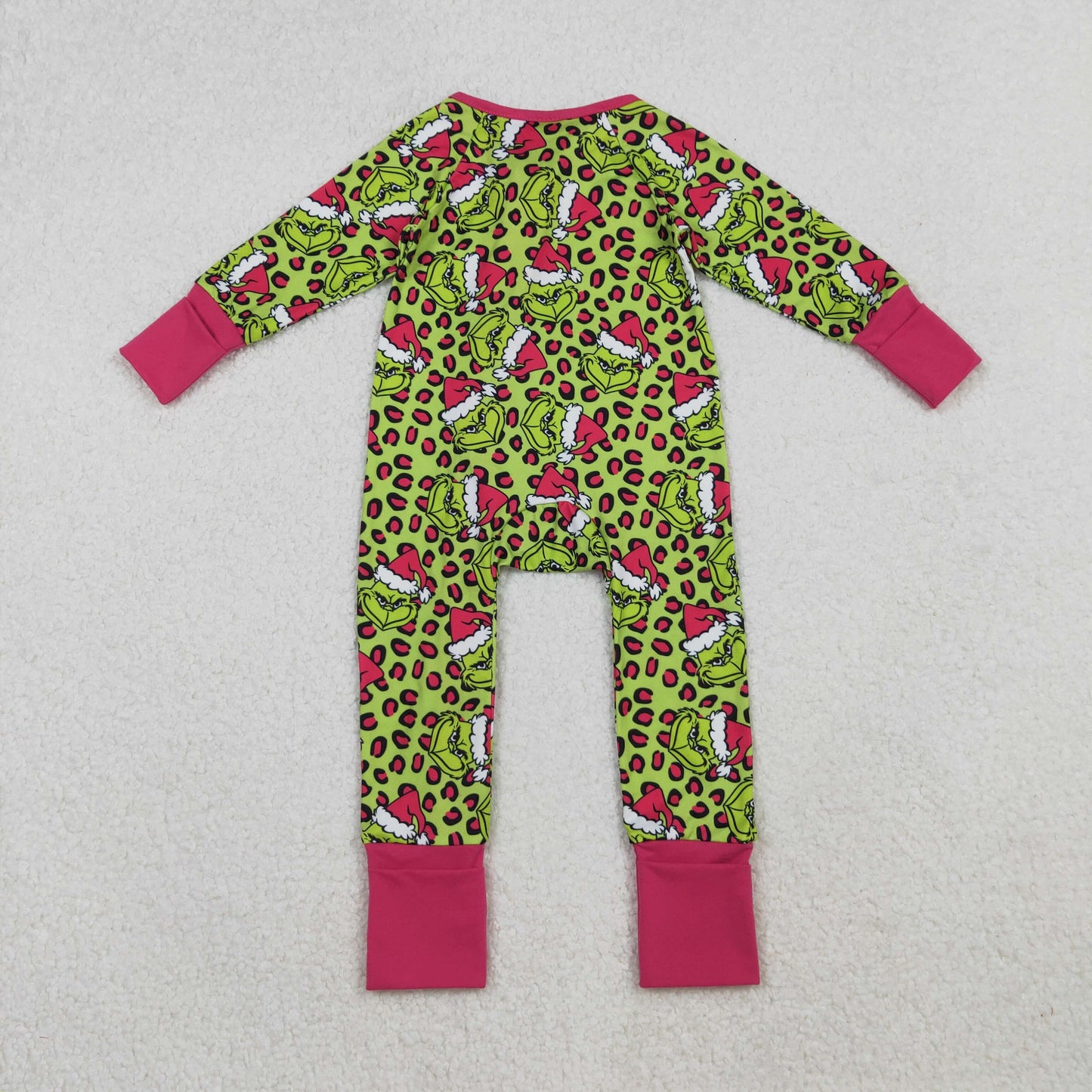 LR2520 Christmas green face leopard long sleeve zipper girls romper