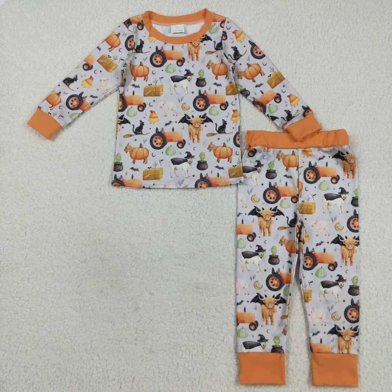 Halloween farm tractor highland cow romper/pajamas RTS Sibling Clothes