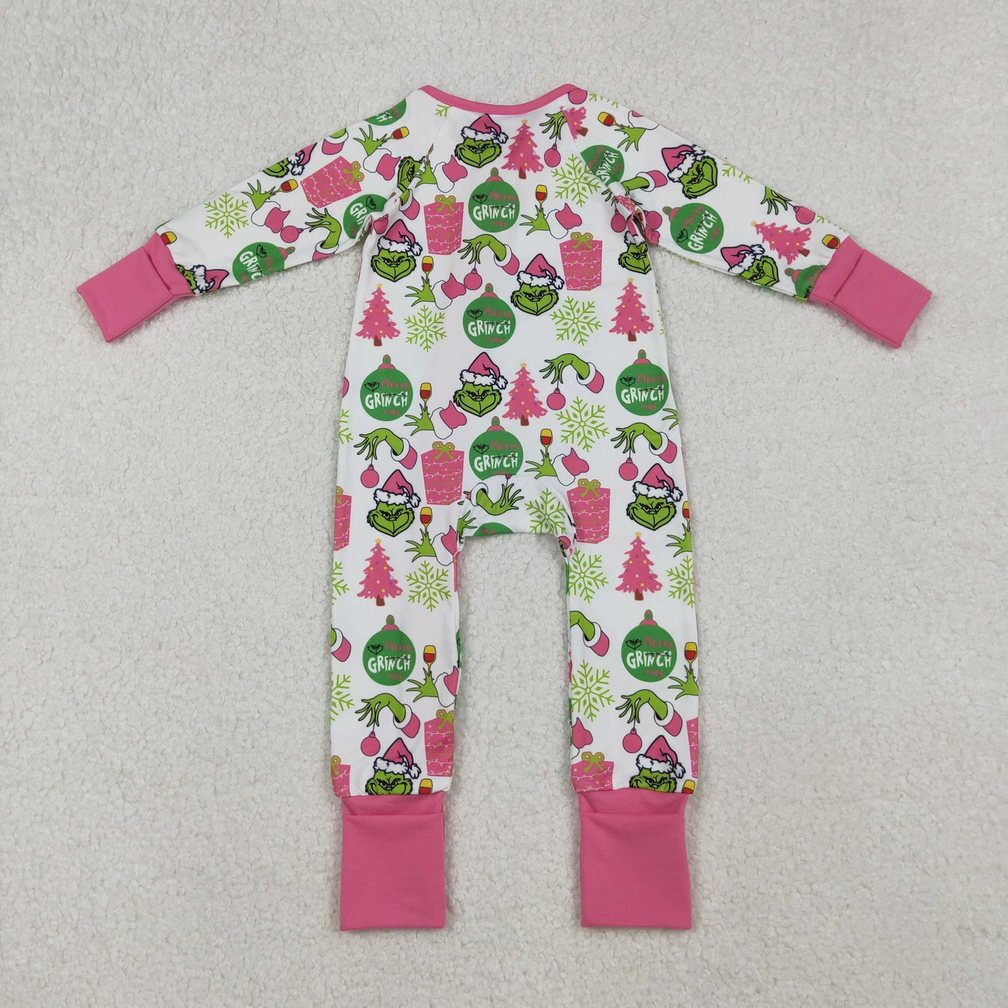 LR2588 Christmas green face tree hot pink zipper long sleeve girls romper