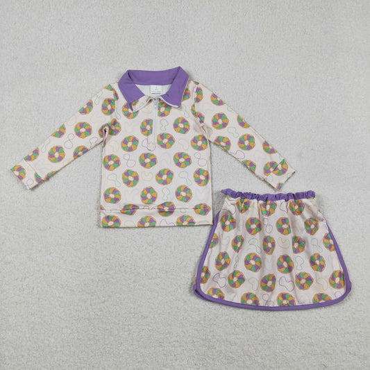 GLD1332 Mardi Gras yellow purple green dount zipper long sleeve skorts girls set