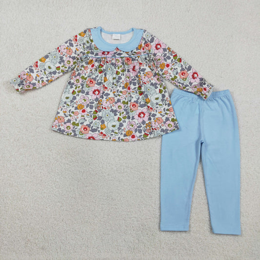 GLP3168 Colorful Floral Flowers Long Sleeve Blue Pants Girls Set
