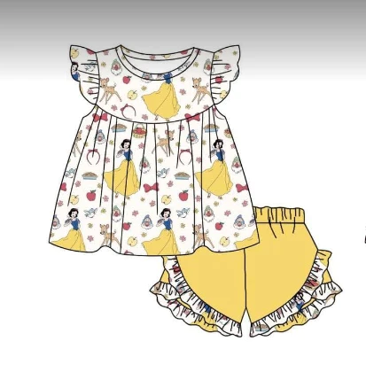 custom S cartoon snow princess flutter sleeve yellow shorts girls set