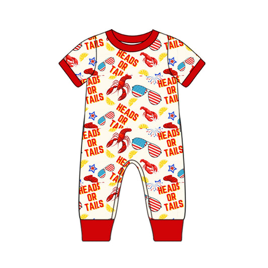 preorder July 4th Crayfish Heads Or Tails Red Short Sleeve Boys Romper