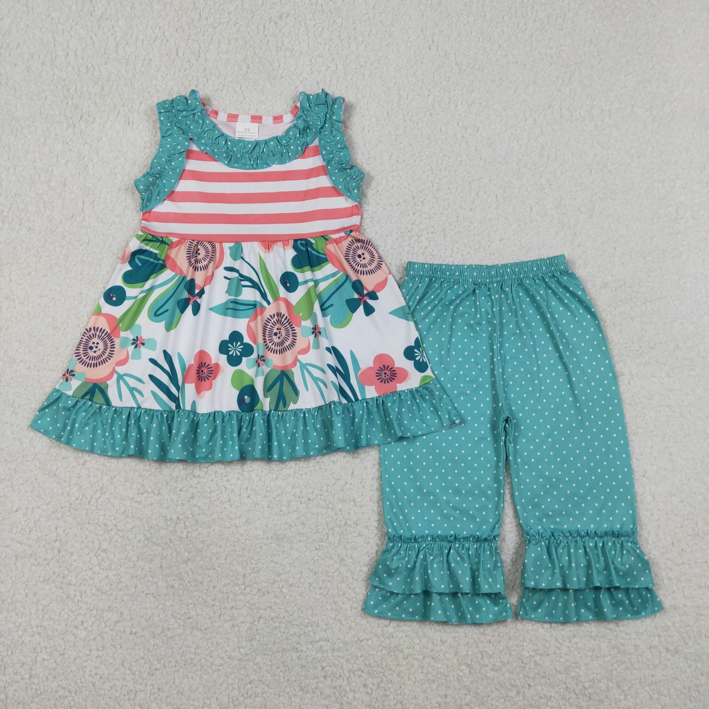 GSPO2314 Flowers Sleeveless Blue Pants Girls Set