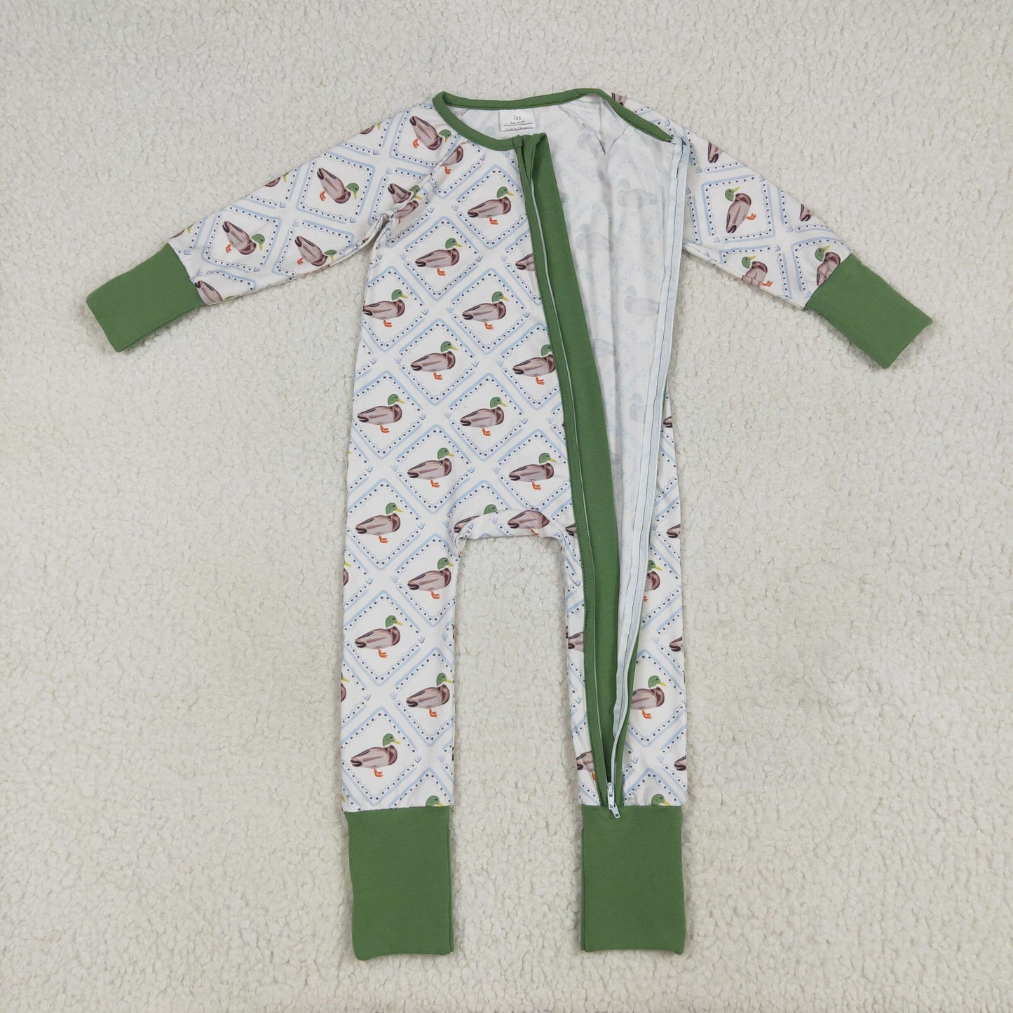 Custom moq 20 bamboo hunting mallard duck green zipper long sleeve boys romper