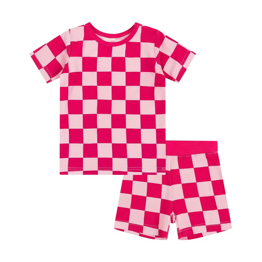 custom hot pink checkered short sleeve shorts girls pajamas
