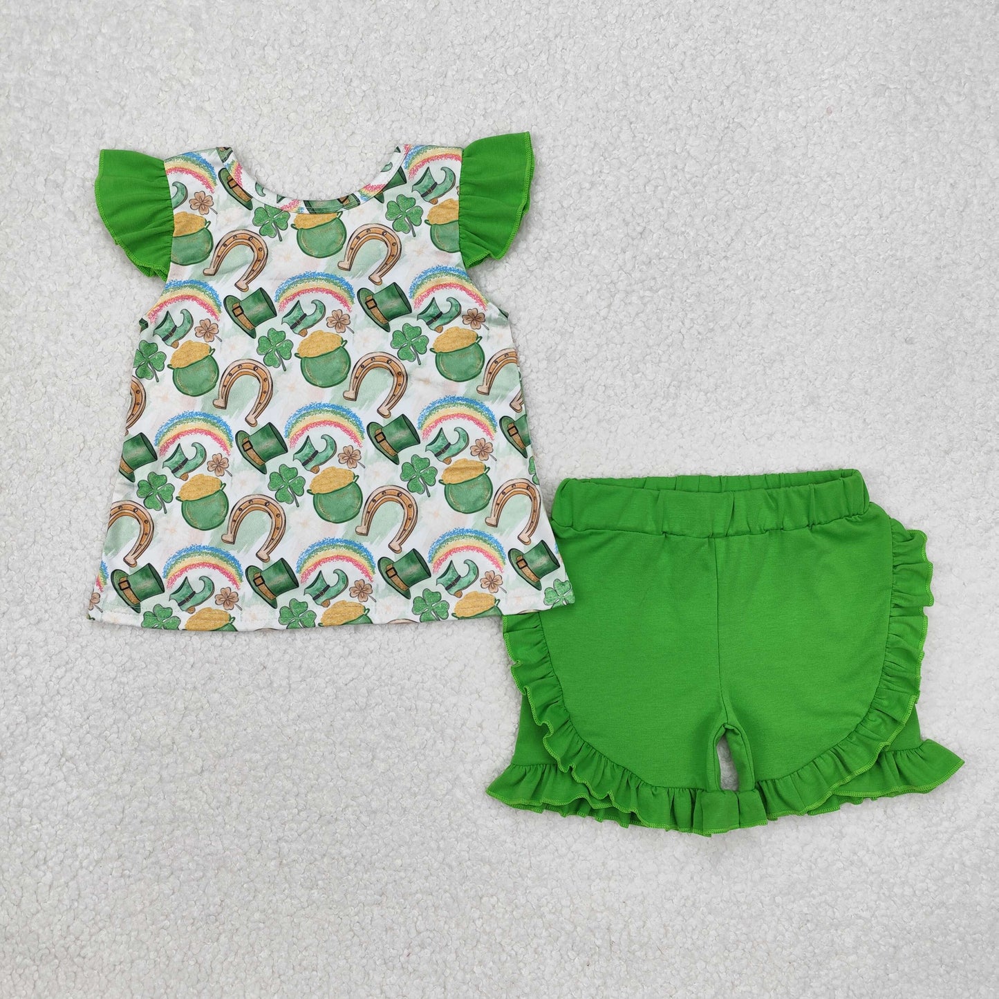 GSSO1713 St. Patrick Clover Bow Flutter Sleeve Green Ruffles Shorts Girls Set