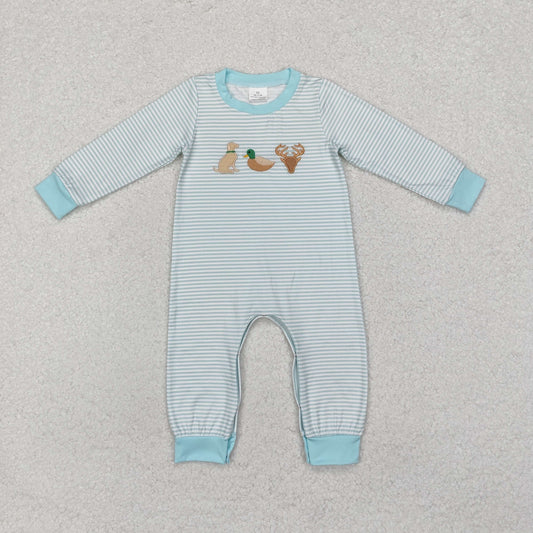 embroidery LR1895 hunting mallard duck dog deer blue striped long sleeve boys romper