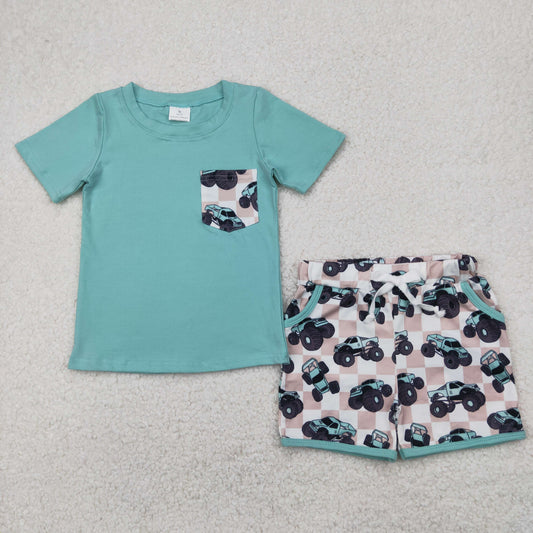BSSO1316 car truck blue pocket short sleeve checkered shorts boys set