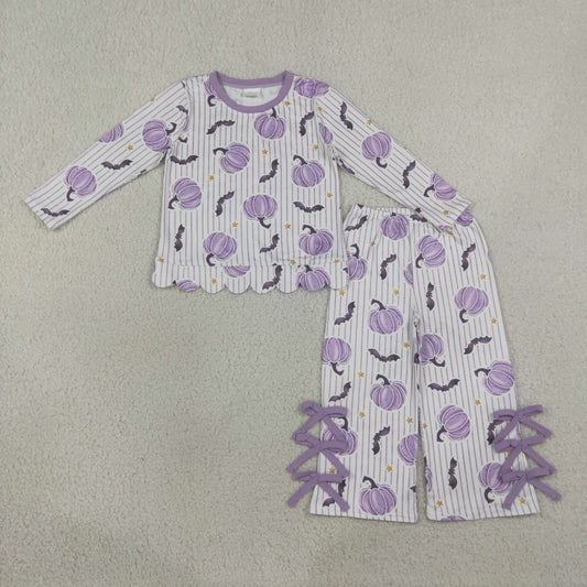 GLP3438 Scallop Halloween Pumpkin Bat Purple Long Sleeve Pants Girls Set