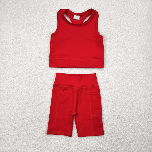 GSSO1519 red sleeveless shorts girls set yoga clothes