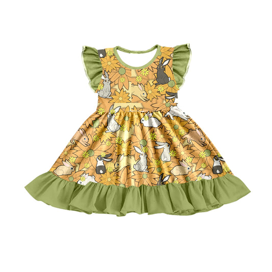 preorder Easter Orange Flowers Rabbit Green Flutter Sleeve Girls Dress