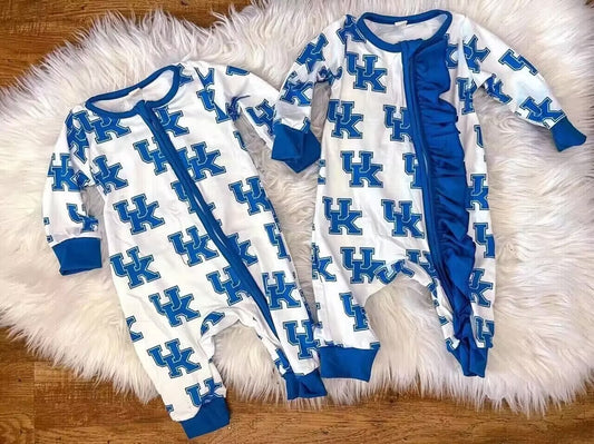 custom Team U blue long sleeve zipper girls romper