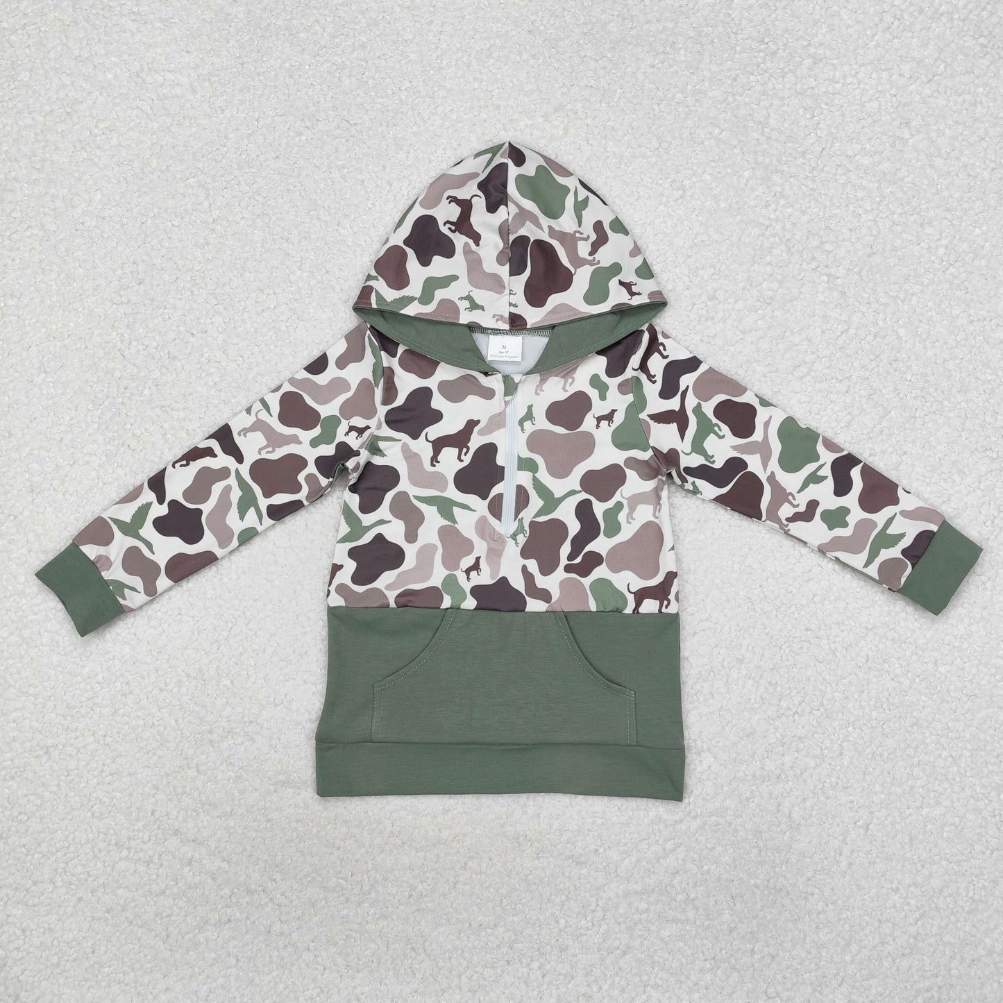 BT0914 hunting mallard green camo pocket hoodie zipper long sleeve boys pullover