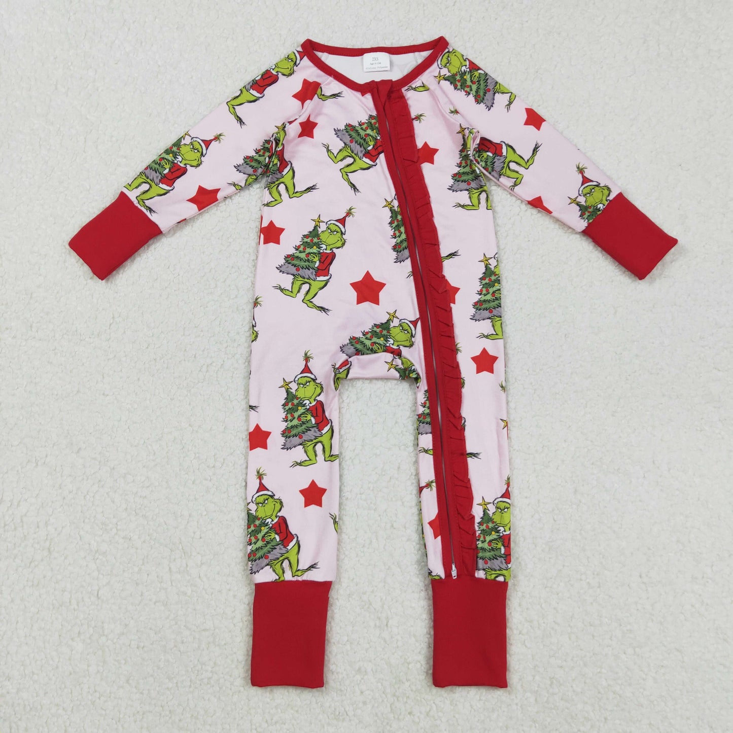 LR2496 Christmas green face star red pink zipper long sleeve girls romper