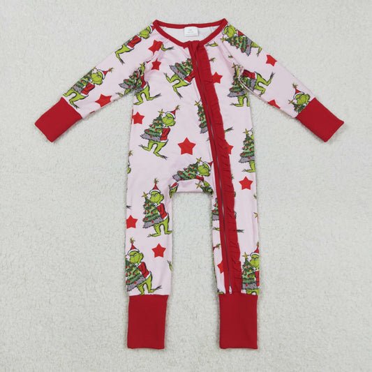 LR2496 Christmas green face star red pink zipper long sleeve girls romper