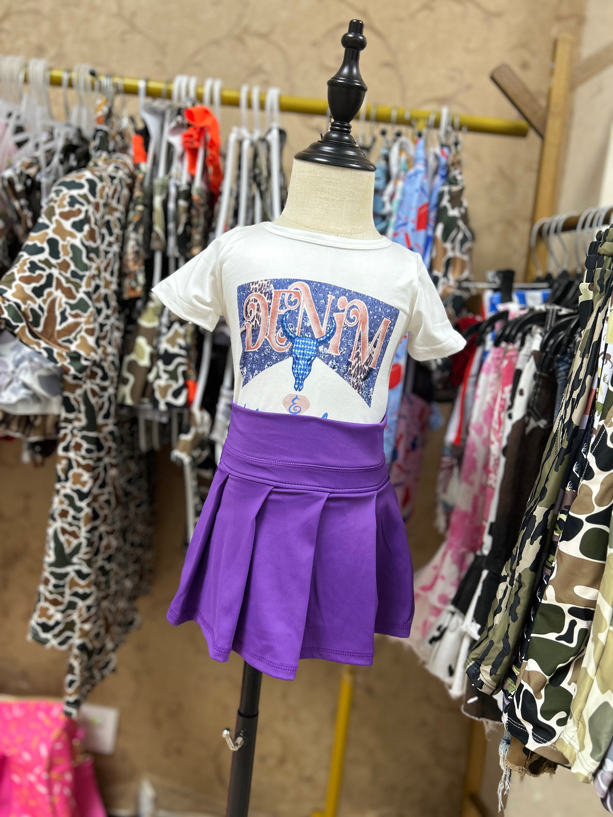 Western blue cow short sleeve yoga purple skirt skort girls set