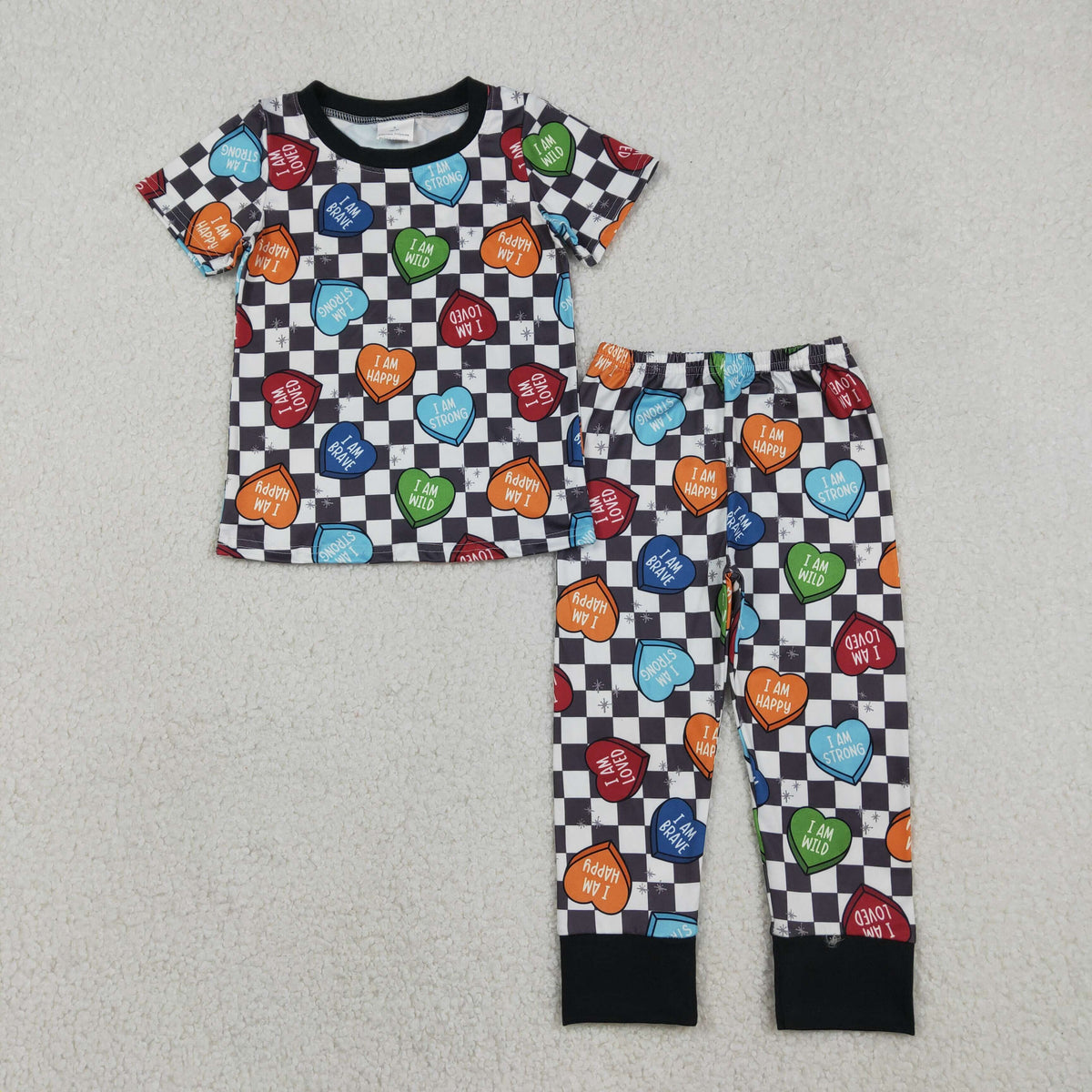 BSPO0490 i am happy heart black white checkered short sleeve pants boys pajamas