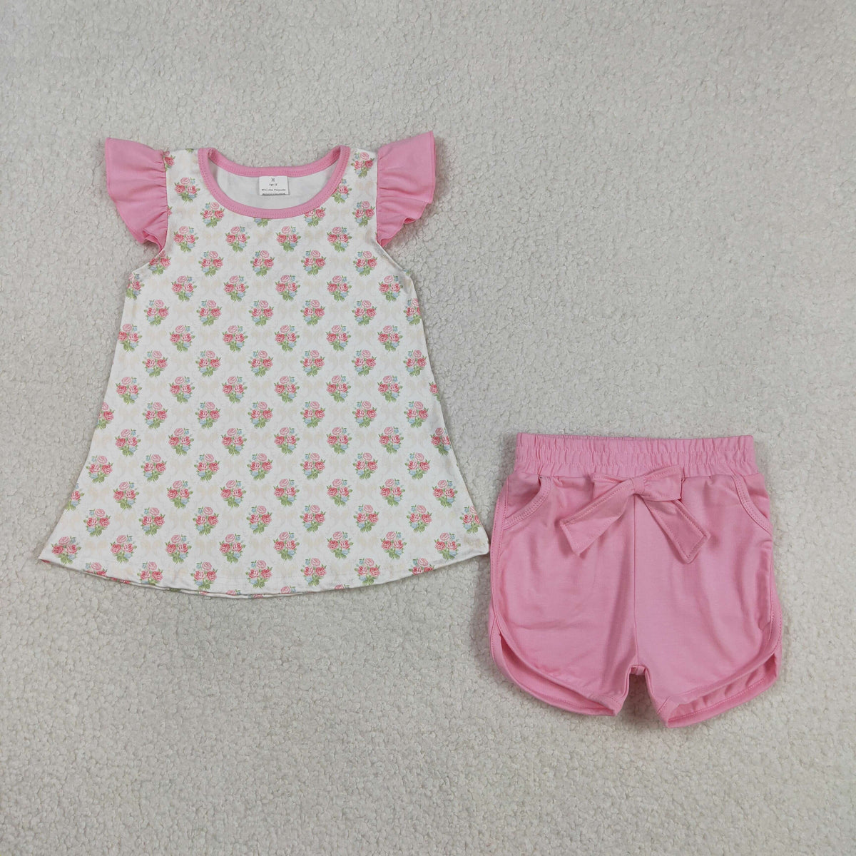 GSSO2953 Pink Flowers Flutter Sleeve Pink Shorts Girls Set