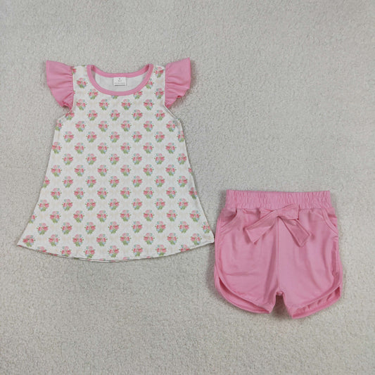 GSSO2953 Pink Flowers Flutter Sleeve Pink Shorts Girls Set