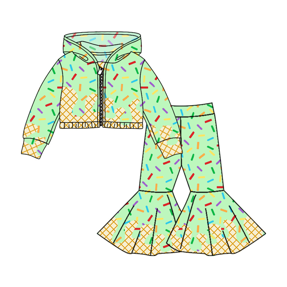 custom moq 3 green ice hoodie long sleeve coat pants girls set