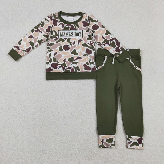 BLP1338 embroidery mama's boy hunting camo long sleeve pants boys set
