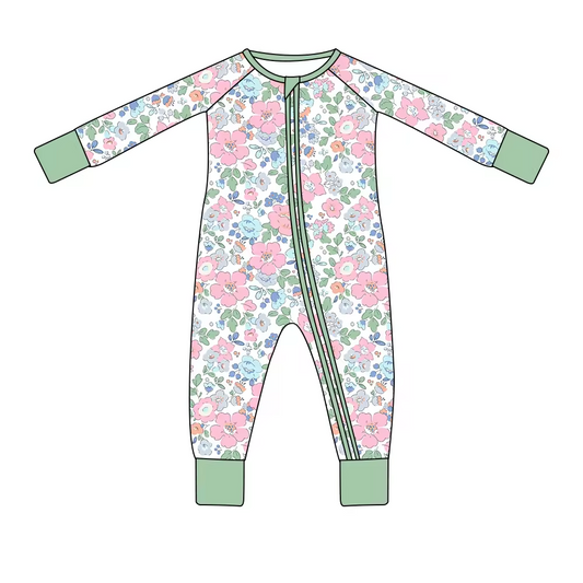 custom colorful flowers green long sleeve girls zipper romper