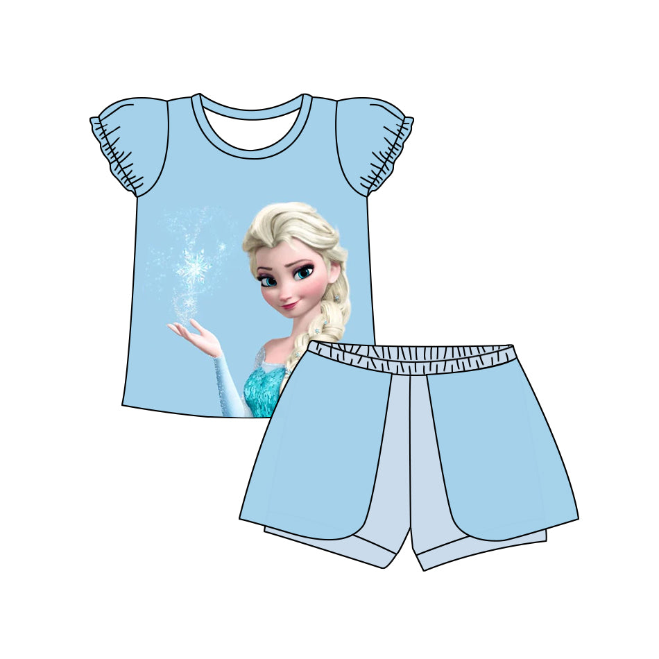 custom style cartoon ice princess blue flutter sleeve blue shorts girls set tat 6-8 weeks