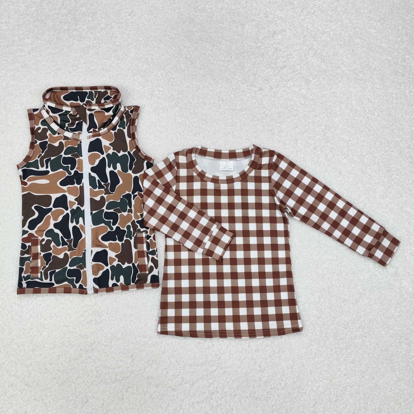 BT0857 brown checkered long sleeve camo sleeveless zipper boys coat 2pcs