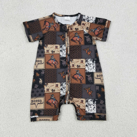 Embroidery lr2969 Cowboy Rodeo Zipper Short Sleeve Boys Romper