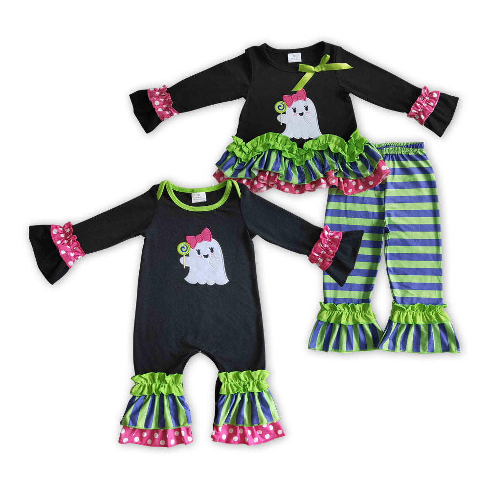 embroidery Halloween spooky ruffles romper/pajamas RTS Sibling Clothes