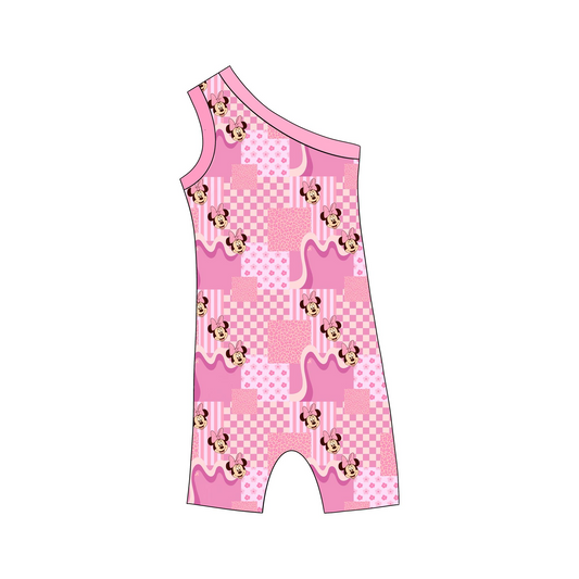 custom cartoon M pink checkered girls romper