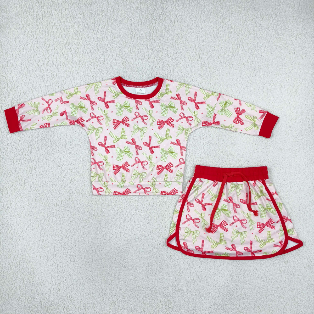 GLD1774 Christmas Red Green Bows Long Sleeve Skorts Girls Set