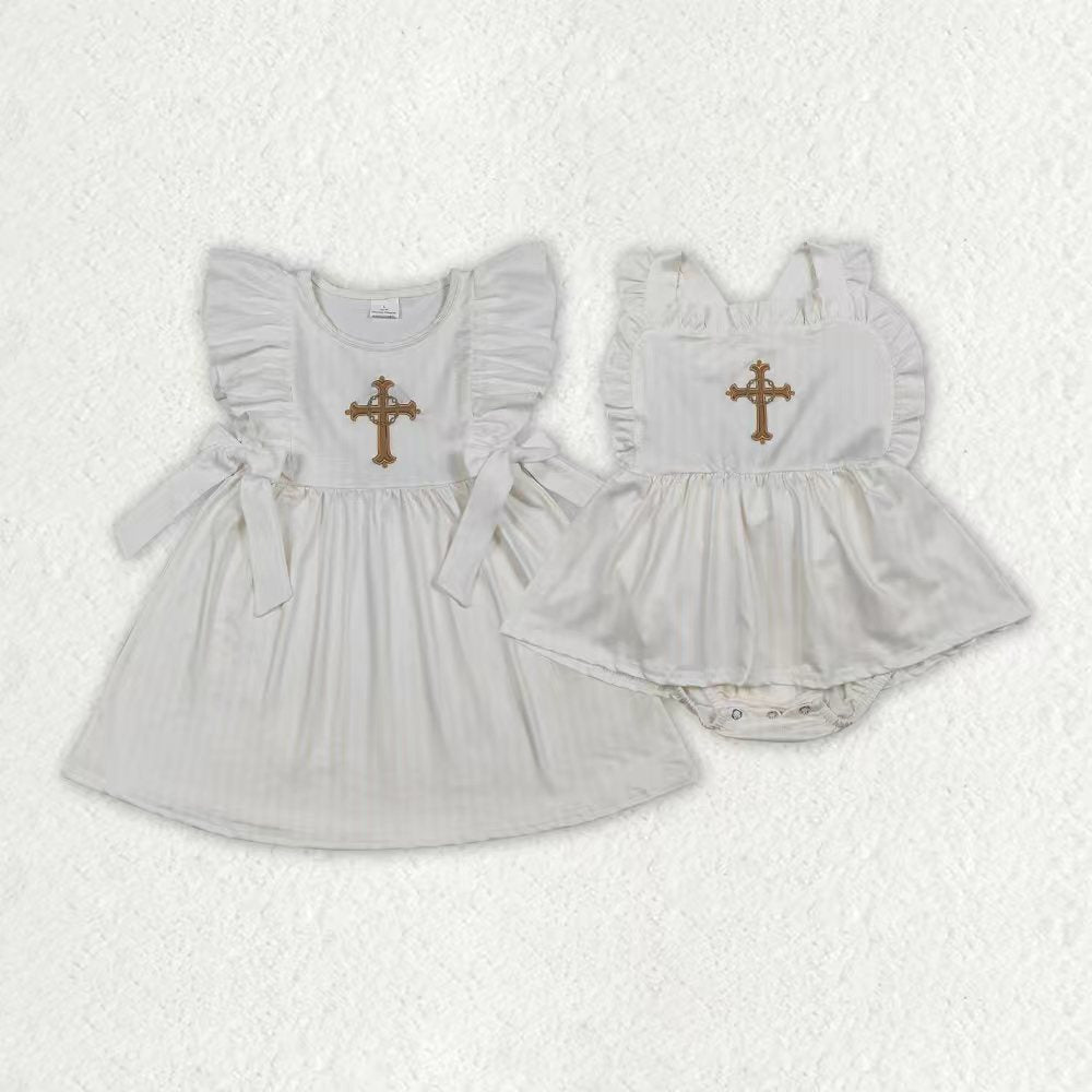 Embroidery Easter Cross Dress/Romper RTS Sibling Clothes