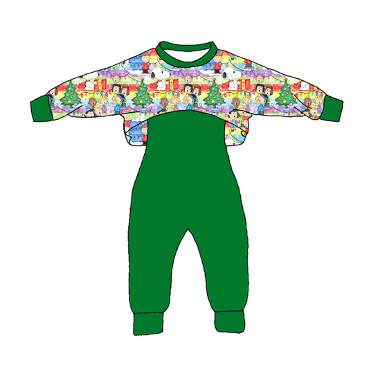 custom Christmas cartoon dog cartoon baby rainbow striped long sleeve green jumpsuits girls set