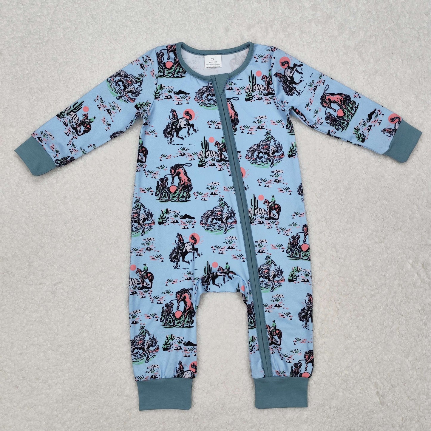 LR1578 Western rodeo blue long sleeve zipper boys romper