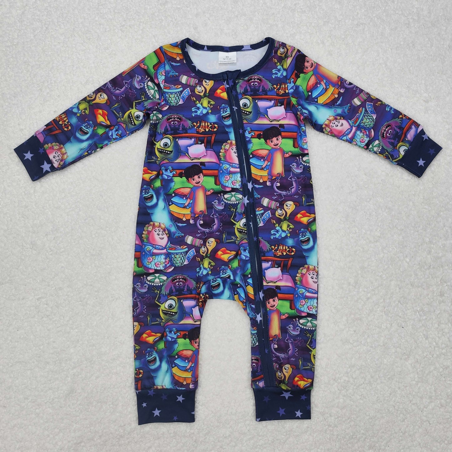 Custom moq 20 bamboo Cartoon Monster Animals Purple Long Sleeve Zipper Girls Romper