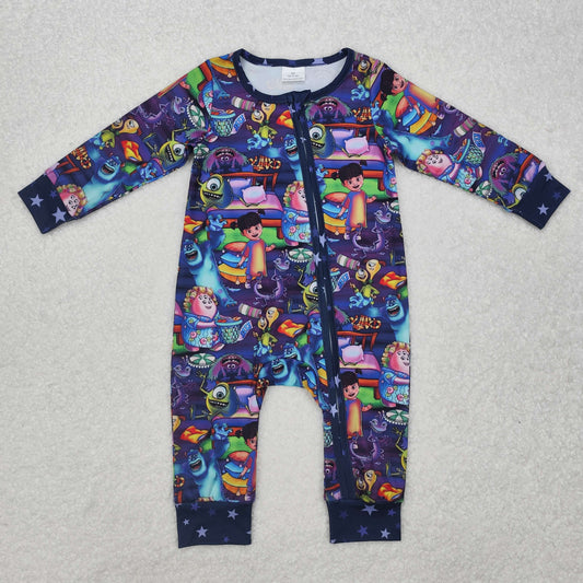 Custom moq 20 bamboo Cartoon Monster Animals Purple Long Sleeve Zipper Girls Romper