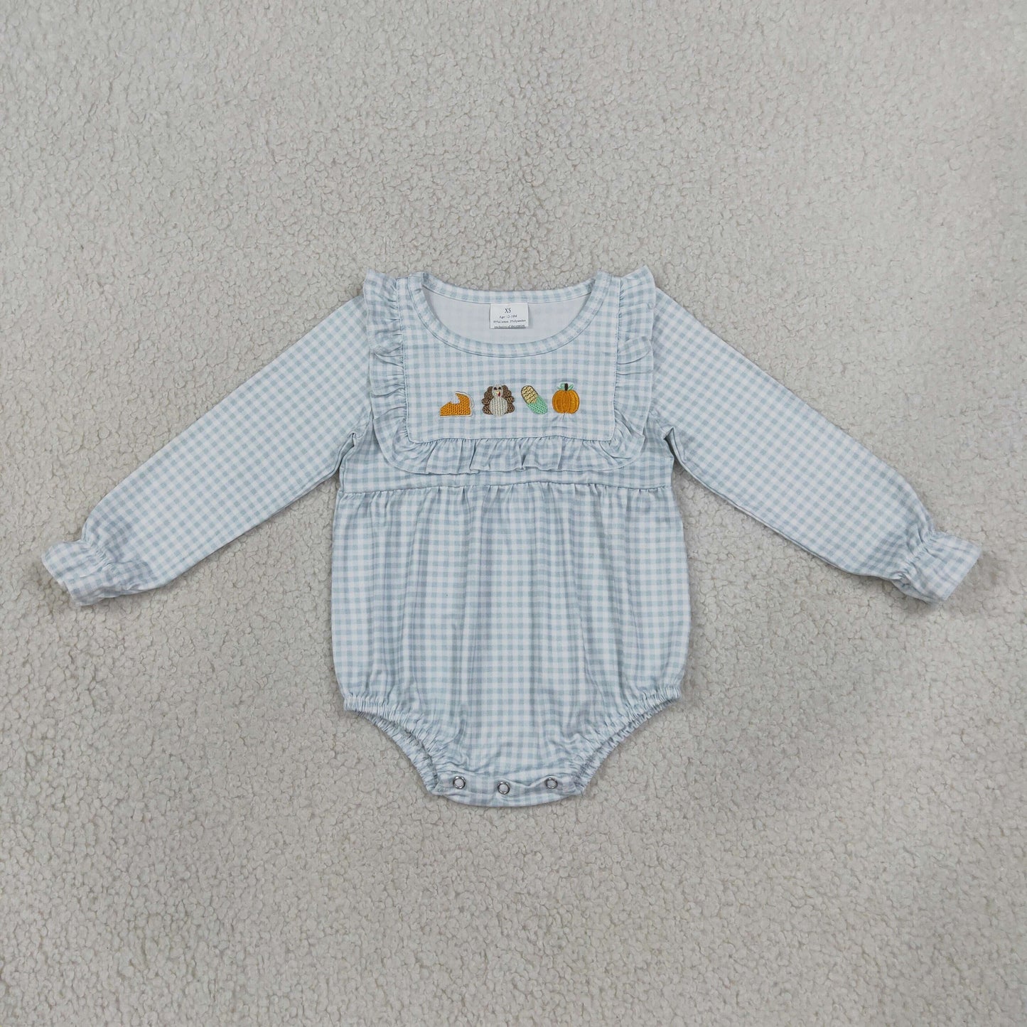 Embroidery LR3104 Thanksgiving Turkey Pukmpkin Pie Checkered Long Sleeve Girls Romper