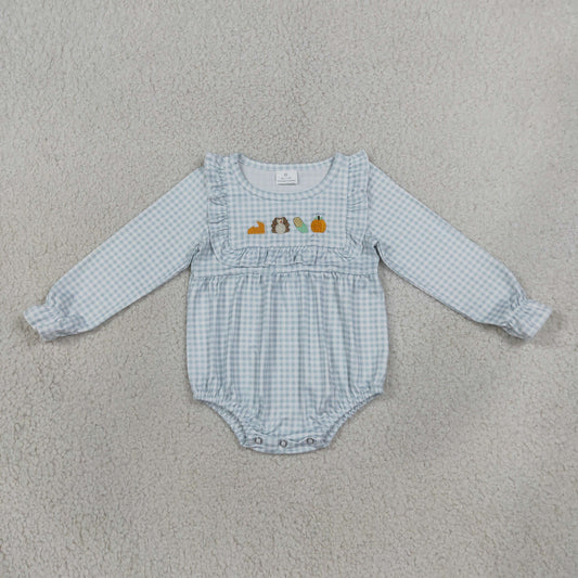 Embroidery LR3104 Thanksgiving Turkey Pukmpkin Pie Checkered Long Sleeve Girls Romper