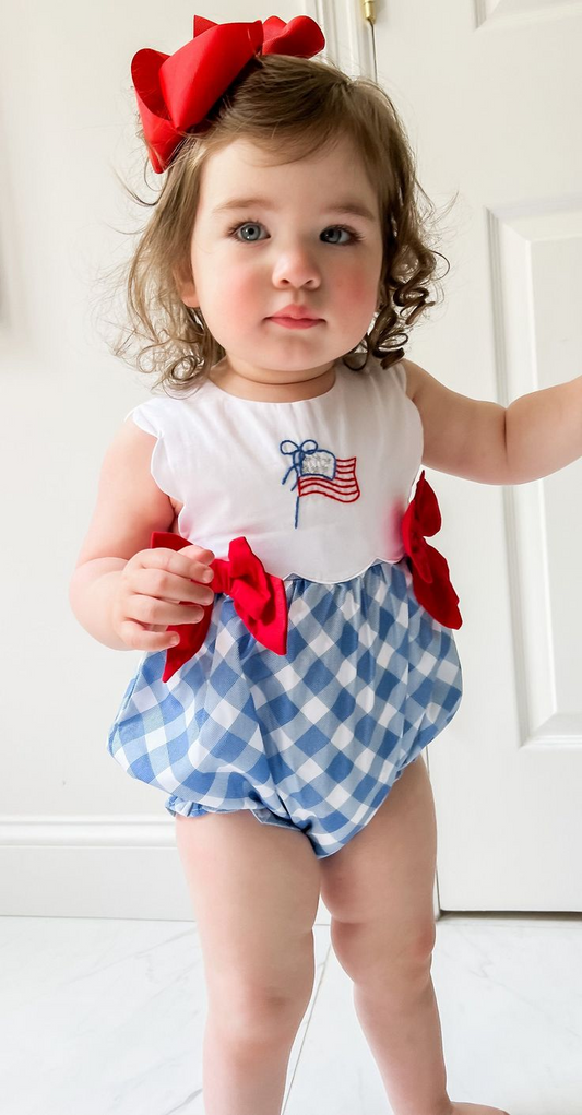 preorder July 4th flag checkered girls romper