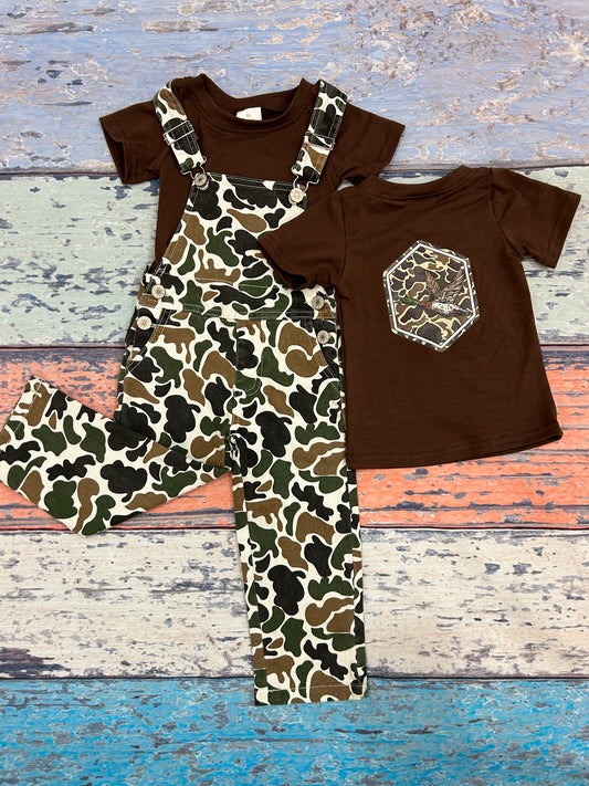 Offset Printing Hunting Camo Mallard Duck Brown Short Sleeve Camo Overall Jeans Boys Set